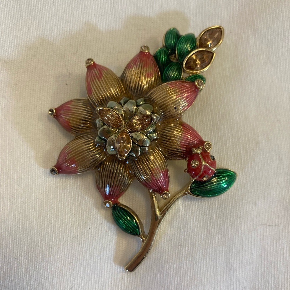 Monet Stemmed Flower Jeweled Brooch Ladybug